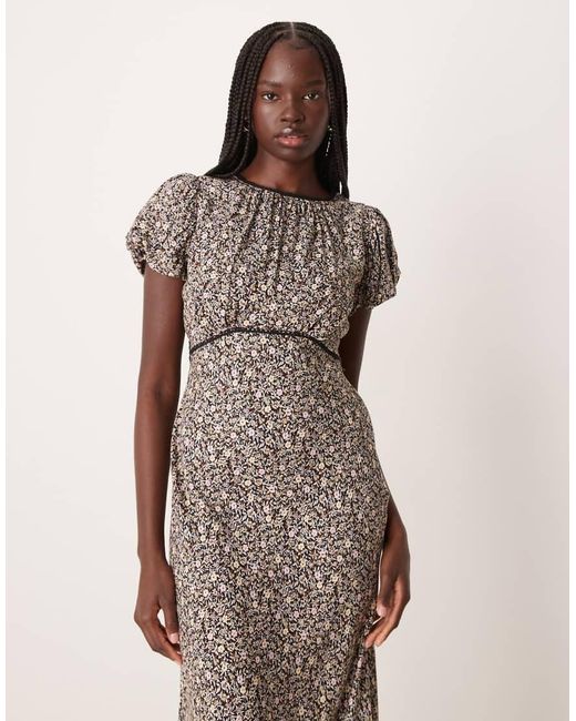 Nobody's Child Natural Sicily Gathered Ruched Neck Puff Sleeve Midi Tea Dress