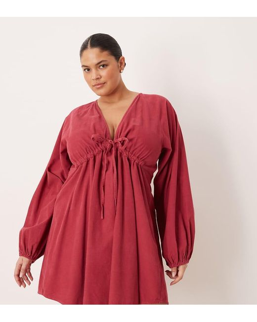 ASOS Red Asos Design Curve Cord V-neck Tie Bust Mini Dress With Volume Sleeve
