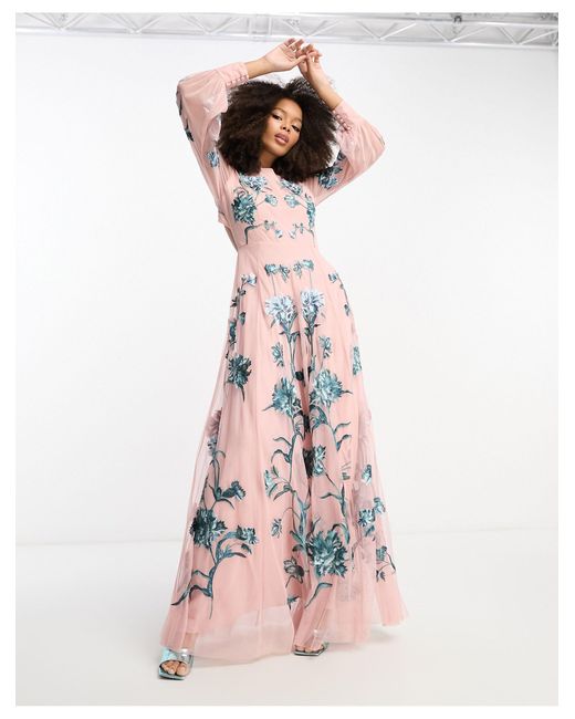 ASOS White Blouson Sleeve Floral Embroidered Maxi Dress With Open Back