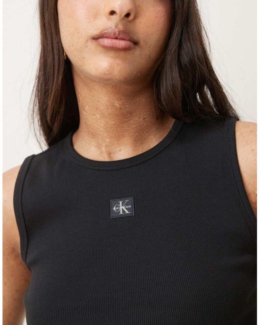 Calvin Klein Black Woven Label Cotton Rib Tank Top