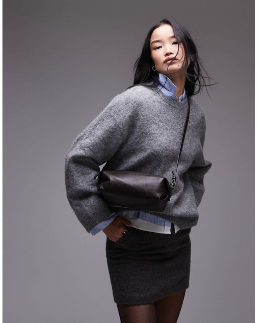 ARKET Gray Leather Soft Square Clutch Bag With Detachable Shoulder Strap