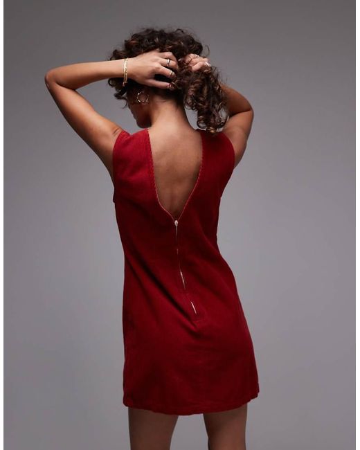 TOPSHOP Red Denim Cord Low Back Mini Dress