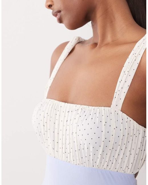 ASOS Blue Mesh Spot Micro Ruched Bust Maxi With Thigh High Split