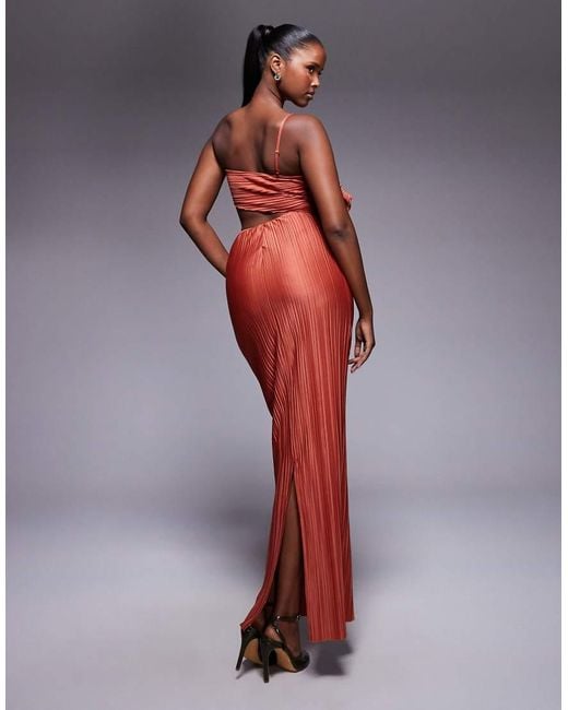 ASOS Red Plisse Cut Out Bandeau Maxi Dress With Twist Detail