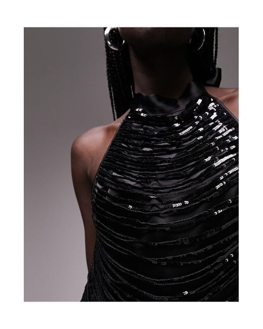 TOPSHOP Black Halterneck Sequin Fringe Maxi Dress