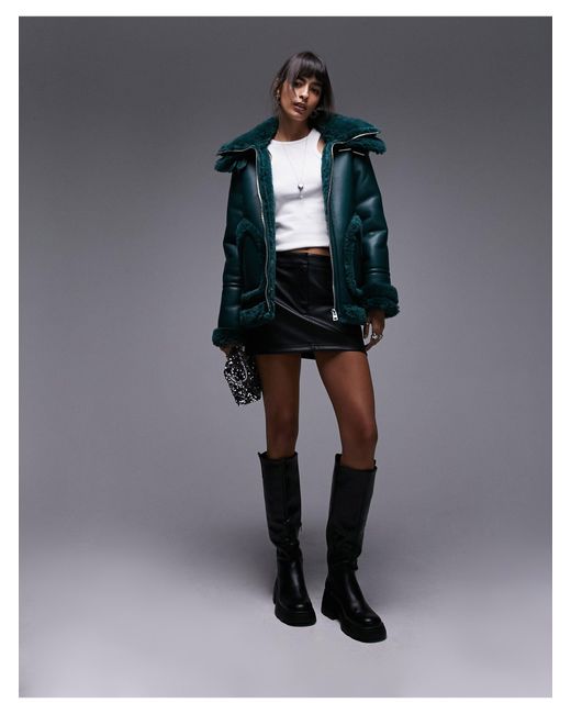 TOPSHOP Black Faux Leather Shearling Oversized Aviator Jacket With Double Collar Detail
