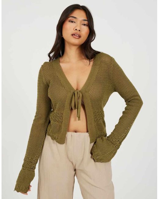 Brave Soul Green V-Neck Tie Front Cardigan With Flared Cuffs