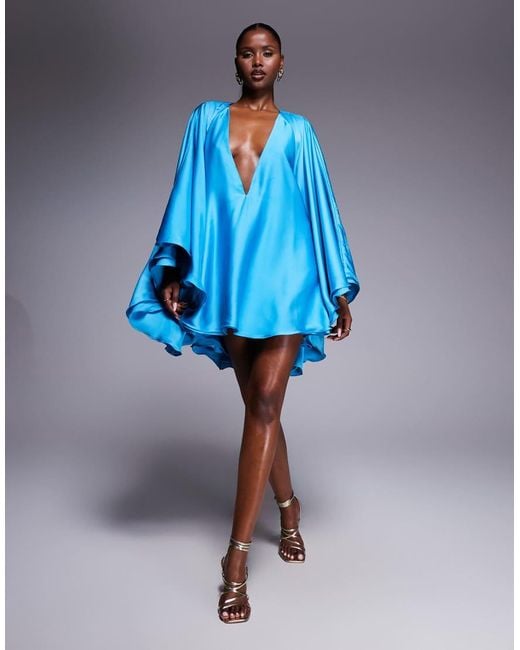 The Dolls House Blue Lorena Volume Sleeve Plunge Satin Mini Dress