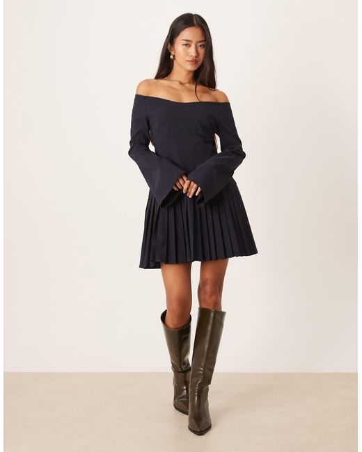 ASOS Blue Long Sleeve Pleated Skirt Mini Dress