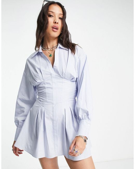 Robe chemise à rayures et détail corset Bershka en coloris Blue