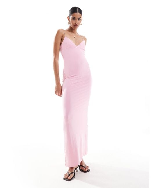 Bershka Pink Thin Strap Bow Detail Bodycon Maxi Dress
