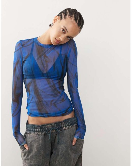 Weekday Blue Nico Mesh Long Sleeve Top With Swirl Print
