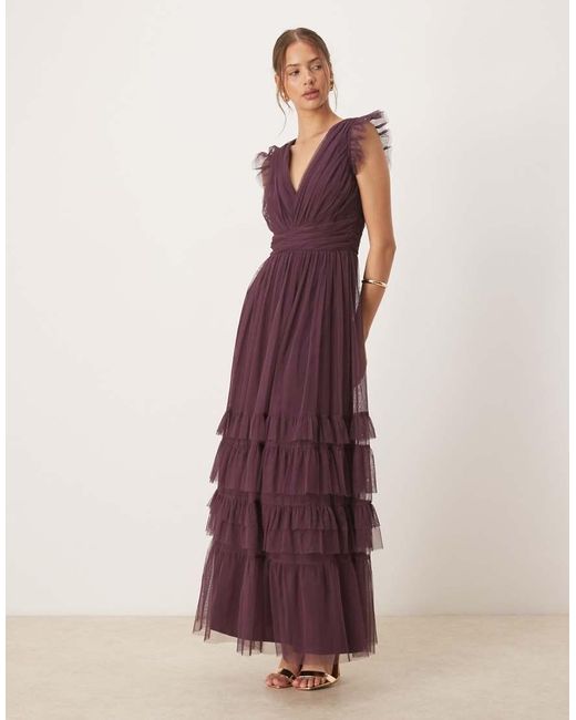 ANAYA Purple Flutter Sleeve Ruffle Maxi Dress