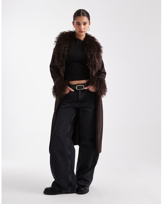 New Look Black Belted Suedette Faux Fur Mixed Coat