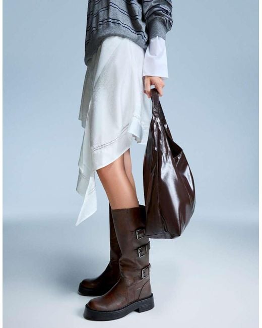Bershka Brown Flat Boots With Buckles