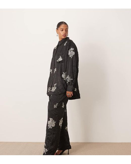 ARRANGE Black Curve Crinkle Satin Floral Embellished Trouser Co-Ord