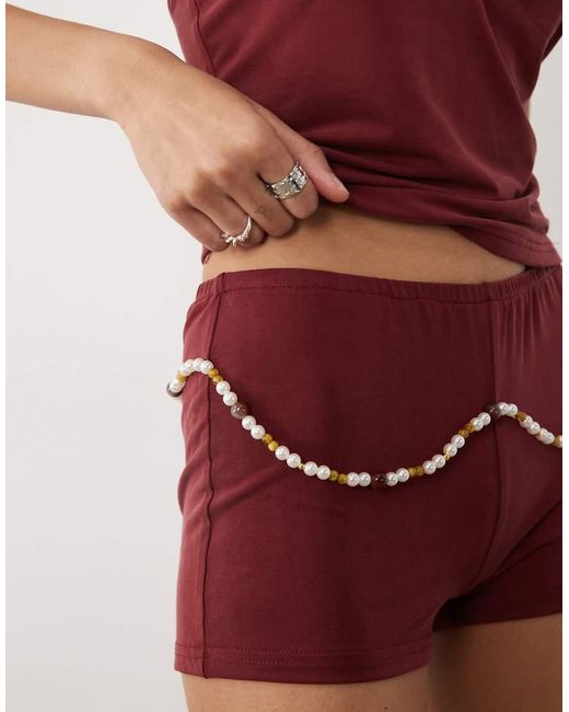 Motel Red Nissa Mini Shorts Wtih Pearl Detail