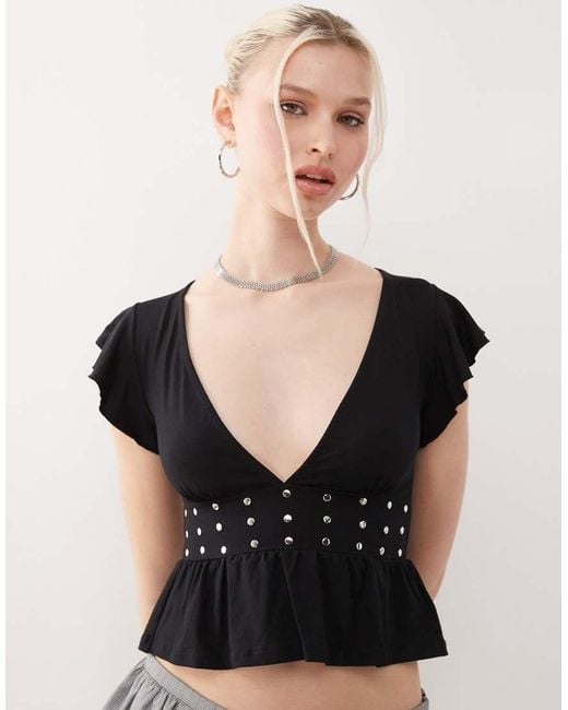 Motel Black Leisma Frill Sleeve Studded Plunge Top