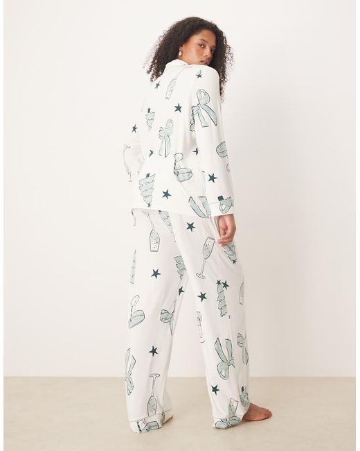 ASOS White Asos Design Curve Super Soft Long Sleeve Shirt & Trouser Pyjama Set With Contrast Piping