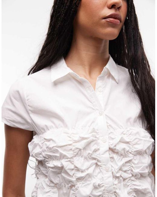 Collusion White Ruched Fitted Short Sleeve Shirt