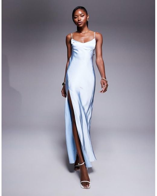 satin thigh split dress Princess Polly Satin Open Back Thigh Split Cami Maxi Dress in Blue