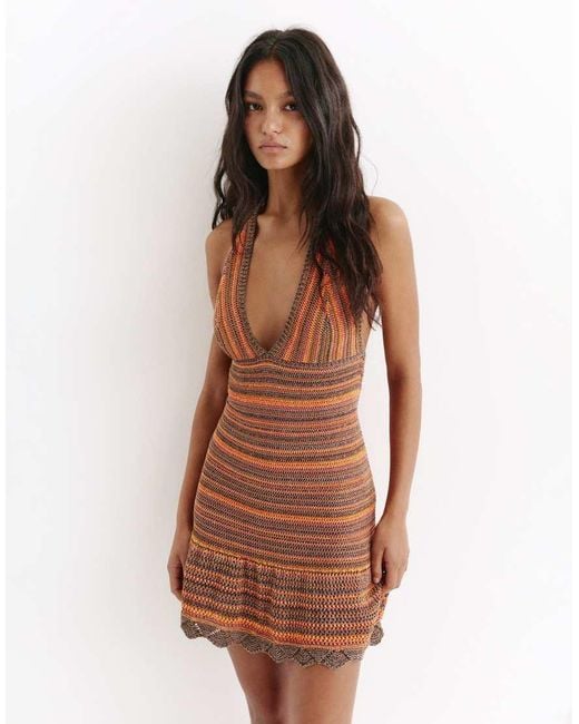 Pull&Bear Brown Short Striped Crochet Dress