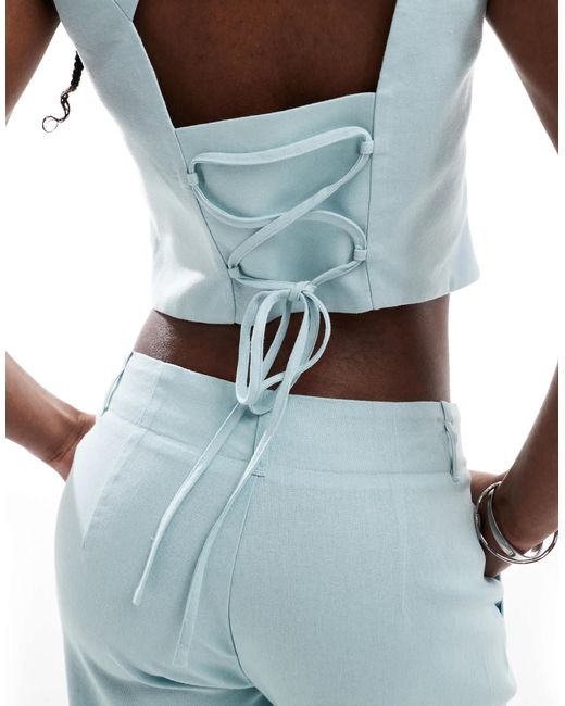 Stradivarius White Co-ord Cropped Linen Look Waist Coat With Open Back