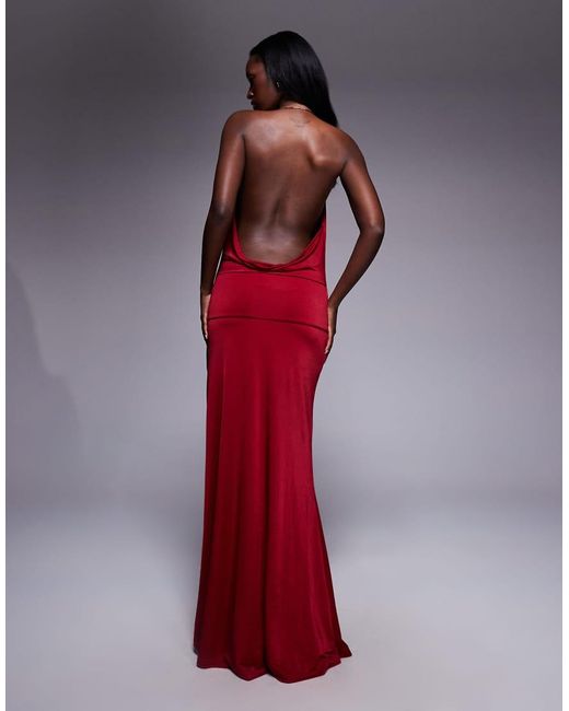 Tiger Mist Red Tarrin Metal Halterneck Ring Detail Extreme Plunge Neck Tie Side Maxi Dress