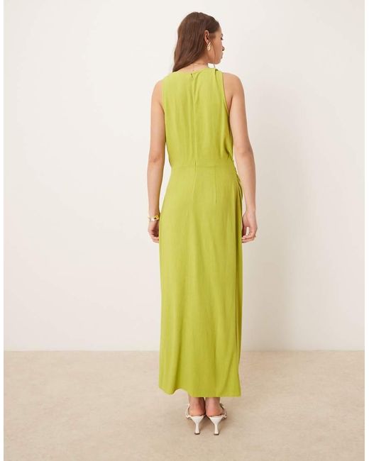 ASOS Yellow Linen Twist Shoulder Detail Midi Dress With Ruching