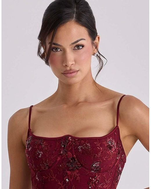 House Of Cb Red Naima Wine Hand Beaded Embellished Corset Maxi Dress