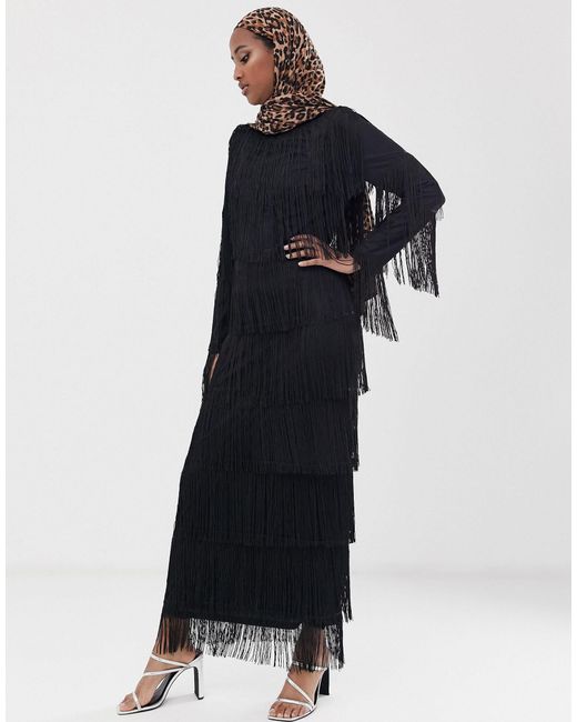 ASOS Black Long Sleeve Fringe Column Maxi Dress