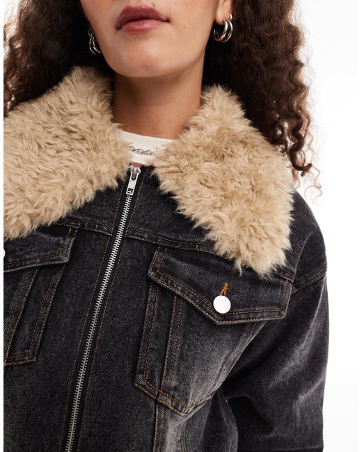 emory park Black Denim Oversized Bomber With Faux Shearling