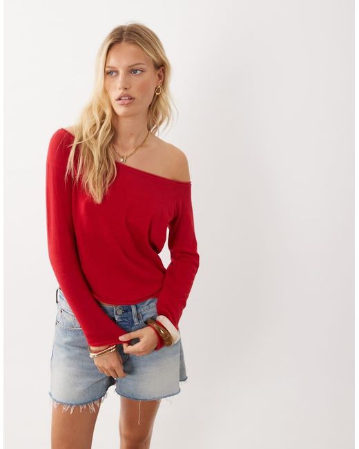 Mango Red Teen Knitted Off Shoulder Long Sleeve Top