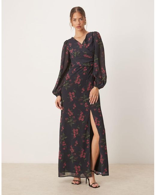 ANAYA Black Floral Faux Wrap Long Sleeve Maxi Dress