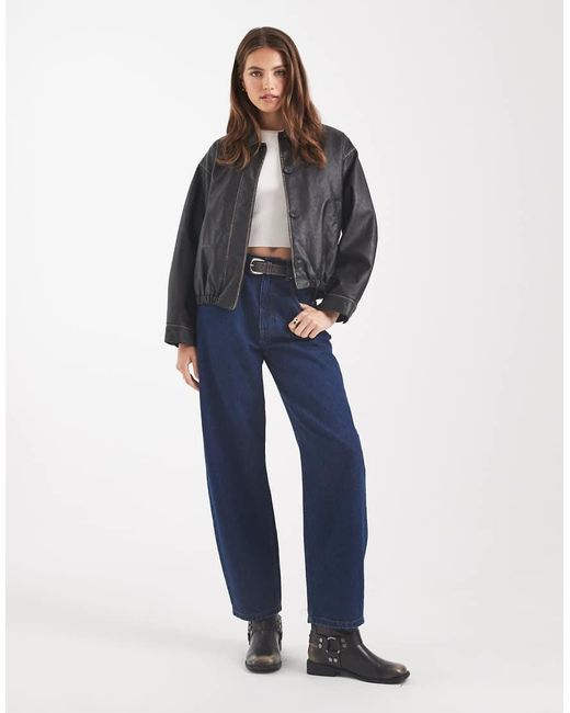 ASOS Blue Vintage Wash Leather Look Bomber Jacket