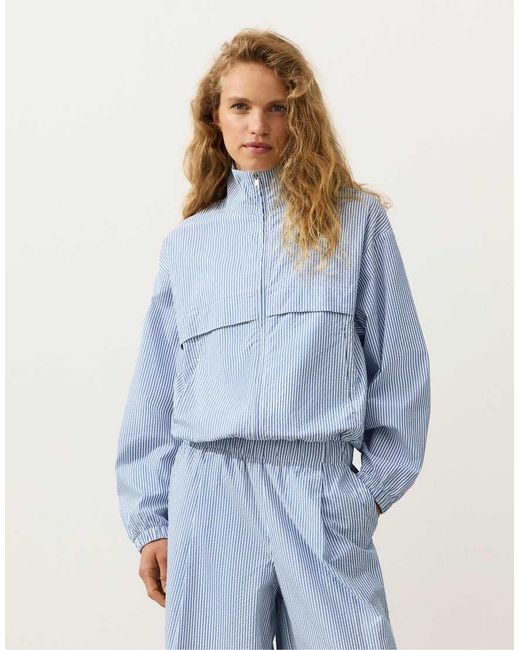 Oysho Blue Cotton Blend Striped Track Jacket
