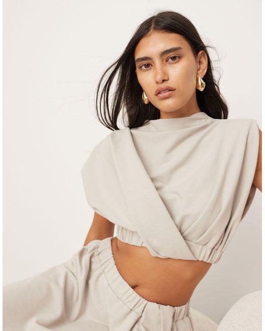 ASOS Natural Jersey Twist Detail Crop Top With Elastic Hem Co-ord