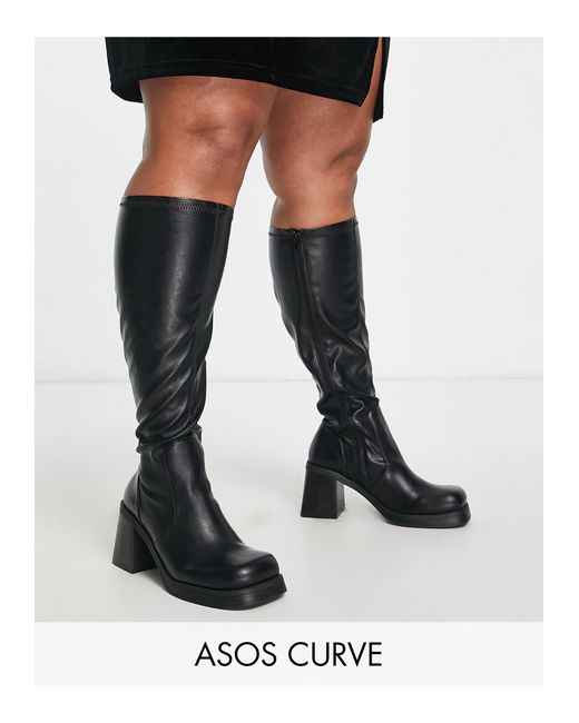 ASOS Curve Catch Mid Heel Sock Knee Boots in Black Lyst UK