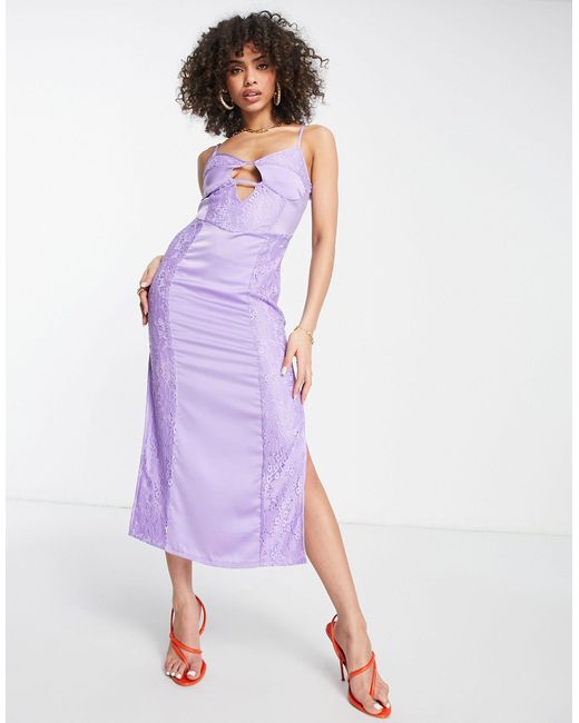 Naanaa Satin Midi Dress With Lace Insert in Purple - Lyst