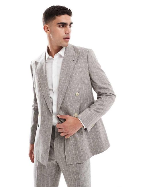 River Island Gray Double Breasted Slim Linen Suit Jacket for men