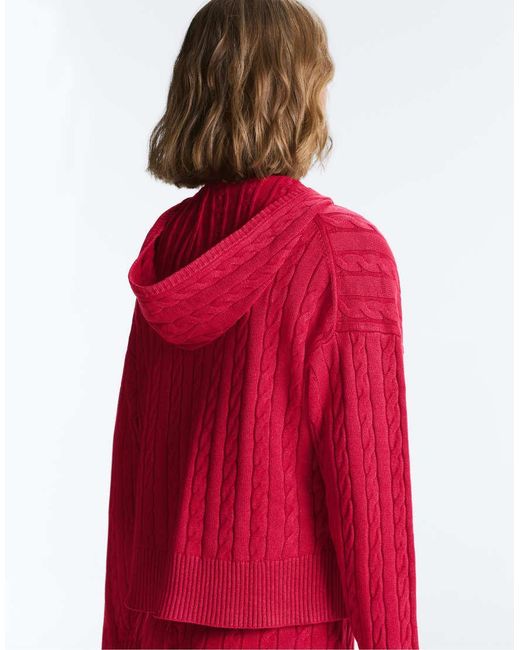Oysho Red Washed Cable Knit Hooded Jacket