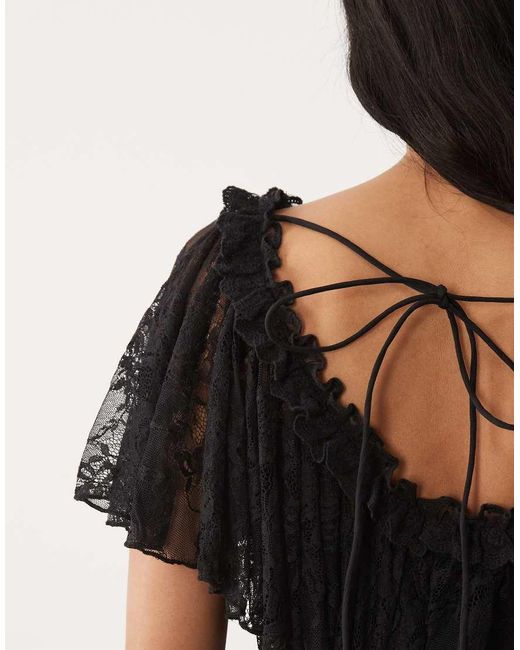 ASOS Black Shirred Lace Flutter Detail Top
