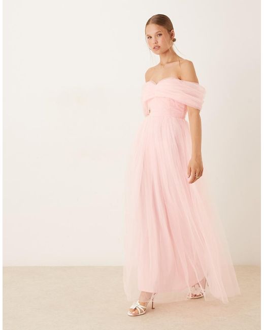 LACE & BEADS Pink Bow Off Shoulder Tulle Maxi Dress