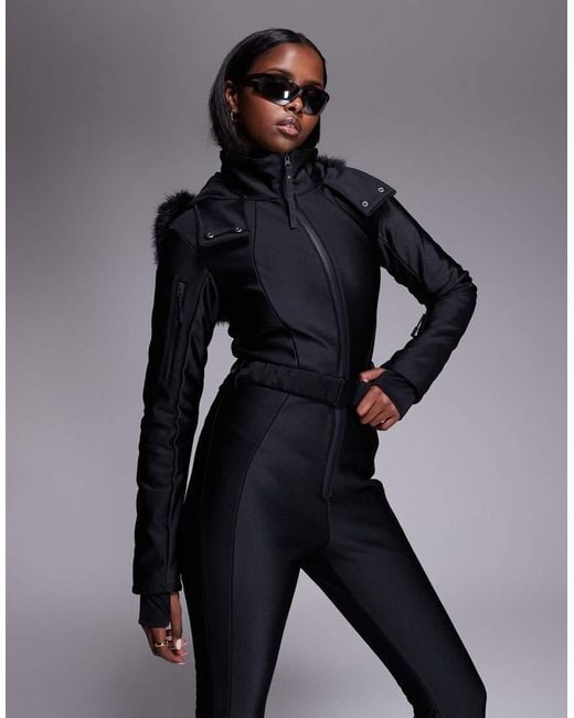 ASOS 4505 Ski & Snow Black Asos 4505 Ski Soft Shell Belted Ski Suit With Slim Kick Leg And Faux Fur Hood