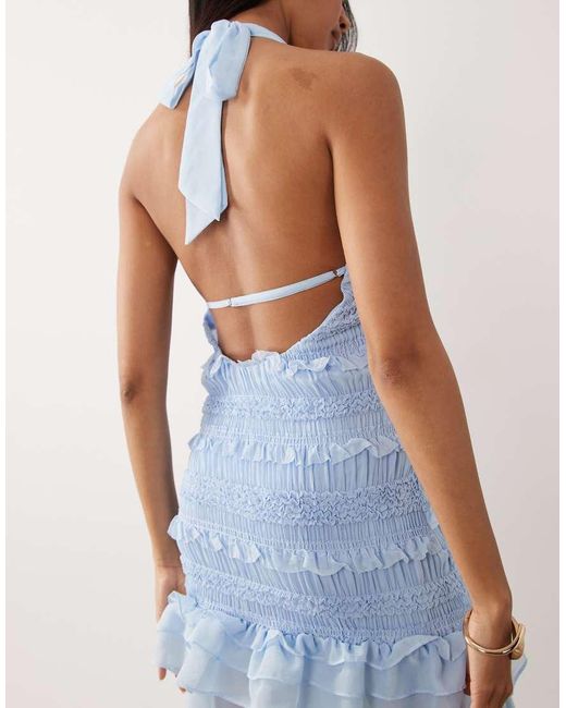 TFNC London Blue Shirred Chiffon Ruffle Sheer Skirt Maxi Dress