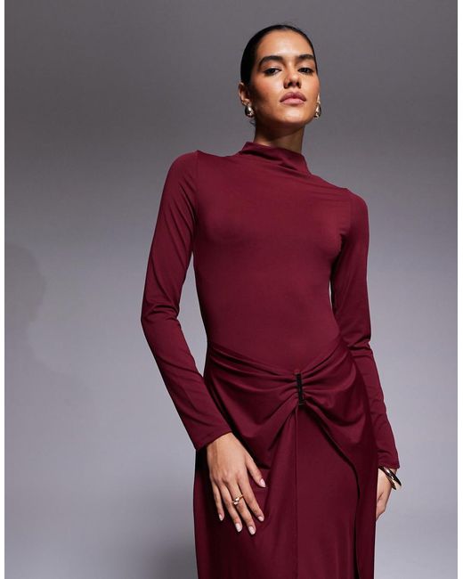 ASOS Purple Slash Neck Long Sleeve Wrap Hardware Detail Midi Dress