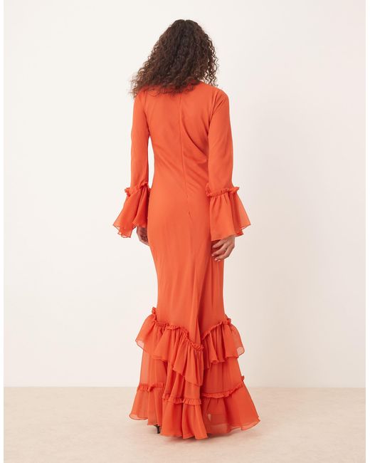 ASOS Red Tie Ruffle Long Sleeve Chiffon Maxi Dress
