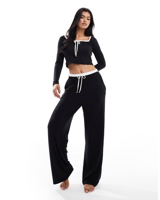 Kaiia Blue Contrast Tie Waist Wide Leg Pyjama Bottoms Co-Ord