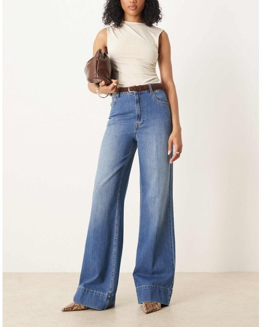 ASOS Blue Asos Design Tall Wide Leg Jean With Crease Front And Belt