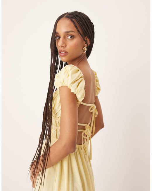 ASOS Natural Square Neck Short Sleeve Midi Dress With Cinched Channel Waist